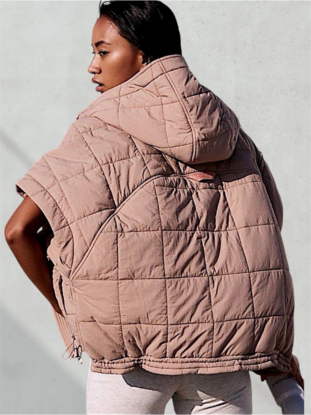 FP Movement Happy Trails Poncho Puffer Vest Sandy Brown Beige Tan